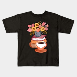 Cute Watercolor Books Flowers and Coffee Cup Kids T-Shirt